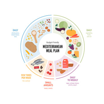 Vector flat infographic of a budget-friendly Mediterranean diet meal plan plate. Chart shows daily and weekly food portions with cheap healthy groceries like grains, veggies, fish.