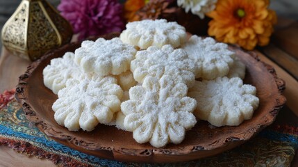 Kue putri salju snow white cookies dusted with powdered sugar, traditional islamic biscuit served for eid mubarak celebration, festive homemade treats symbolizing warmth, sharing, and cultural heritag