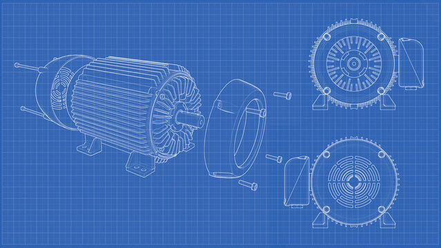 Industrial Electric Motor - Exploded View. 3D rendering isolated on blue background. 3D Mesh, Sketch, Blueprint, Vector style or Drawing. Ideal for educational, engineering, and industrial design.