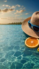 Sunny pool, straw hat, orange drink ? relaxation travel banner, warm vacation background, open water area for text overlay.