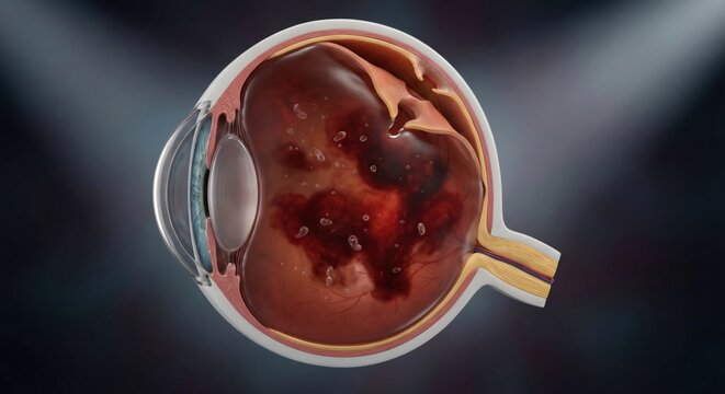 Cross section of eye with vitreous hemorrhage and retinal detachment