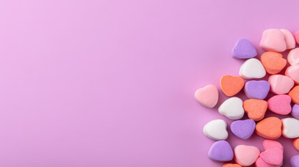 Obraz premium Heart shaped candy in pastel colors scattered on pink background with minimal style and soft lighting for valentine concept