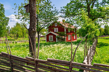 Idyllic red wooden house surrounded by a blooming meadow and a wooden fence in a sunny countryside