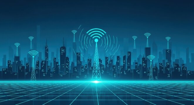 Futuristic city skyline at night with glowing antennas transmitting wireless signals, symbolizing communication networks and connectivity.