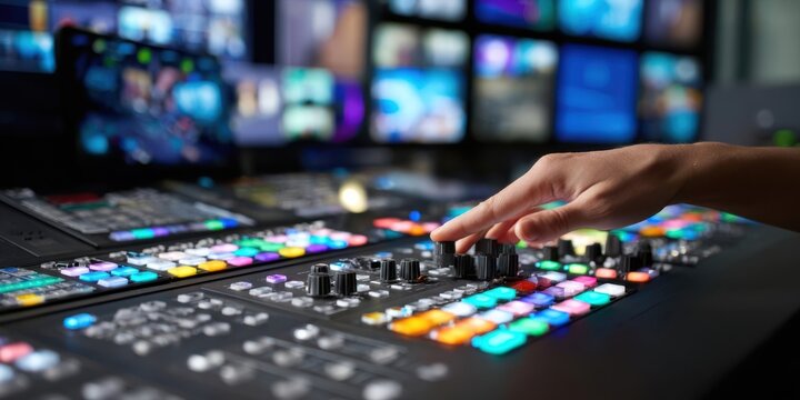 The mixing console in a professional broadcast control room with colorful illuminated buttons