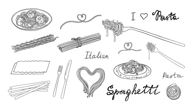 Set of pasta in a plate with a fork. Pasta of different shapes. Italian Cuisine. Hand drawn.	