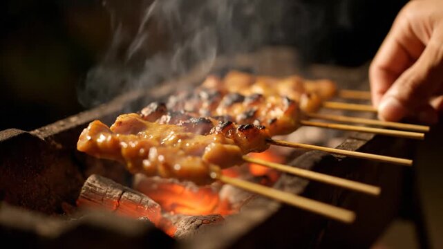 Chicken Satay Grilling on Coals BBQ Food.