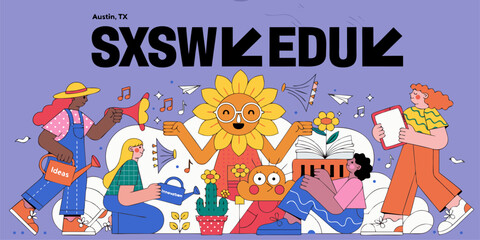 A vibrant illustration of people enjoying music, reading, and gardening at the SXSW EDU conference in Austin, Texas.