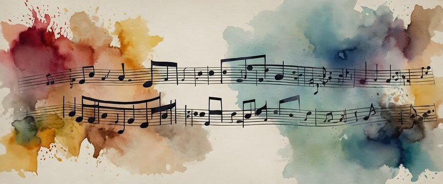 Pentagrama con notas musicales en acuarela de colores c&aacute;lidos y fr&iacute;os