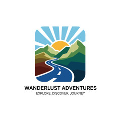 Obraz premium Wanderlust Adventures Logo Road Mountain Landscape.