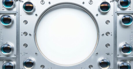 Metallic structure surrounds bright white circular opening. Complex design features numerous small lenses, screws, panels. Industrial aesthetic dominates composition.