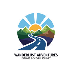 Fototapeta premium Wanderlust Adventures Logo with Road and Mountains.