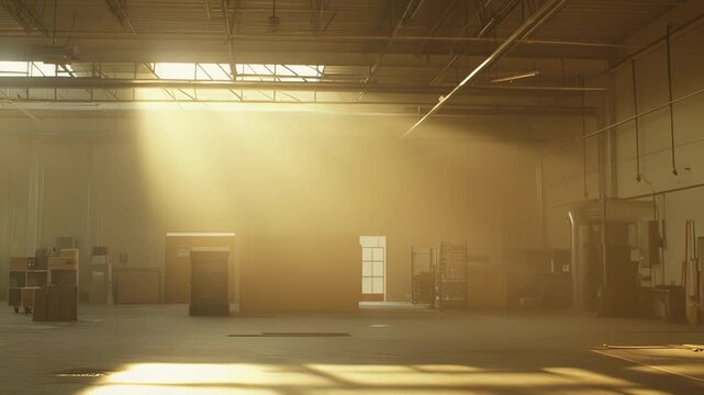 Industrial warehouse interior featuring visible dust particles in sunbeams at golden hour, creating an atmospheric scene of an empty commercial storage space