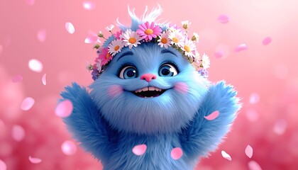 Obraz premium Cute Blue Fluffy Monster with Flower Crown and Falling Petals on Pink Background