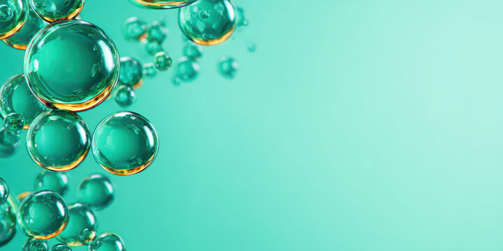 Transparent green bubbles floating on turquoise background, minimal style with environmental and nanotechnology concept, clean and fresh close up image