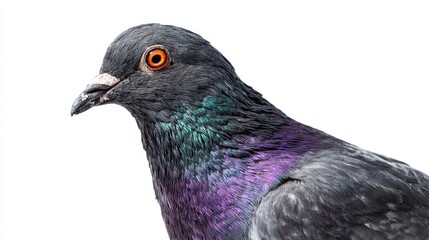 The Pigeon Portrait Showing Iridescent Neck Feathers and Bright Orange Eye Closeup