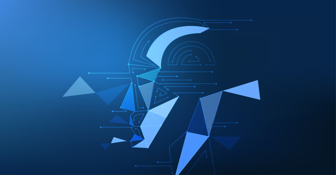 Ai technology illustration banner blue background with abstract humanoid head.
