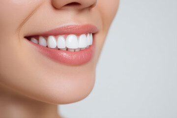 Obraz premium Bright white teeth close up with healthy gums and smooth lips smiling naturally, showing dental care and oral hygiene in minimal style macro shot