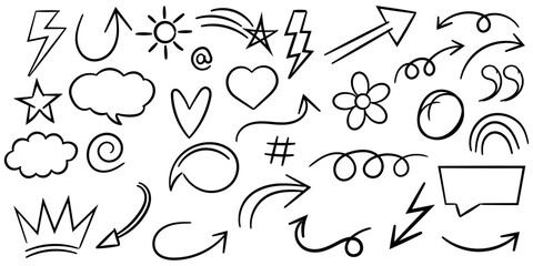 Hand Drawn Doodle Arrows Hearts Stars Clouds and Decorative Sketch Icons