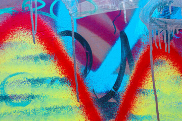 Abstract graffiti wall - bright red, blue, yellow, purple shapes, dripping silver paint. Bold urban 90s, Y2K style, grungy street art texture. Poster background texture, urban culture, creative banner © Aleksandra Konoplya