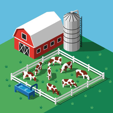 Cows grazing in a fenced farm yard with a red barn and silo.