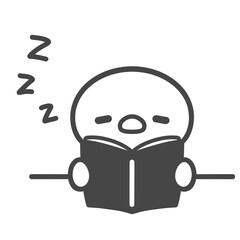 本を開いたまま寝るひよこの手書き線画イラスト 居眠り 勉強疲れ 徹夜 授業中 © Nitomaru