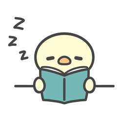 本を開いたまま寝るひよこの手書きイラスト 居眠り 勉強疲れ 徹夜 授業中 © Nitomaru
