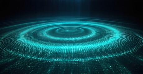 Abstract digital waves radiate from center. Blue glowing particles form concentric circles, dark background creates depth. Futuristic concept.