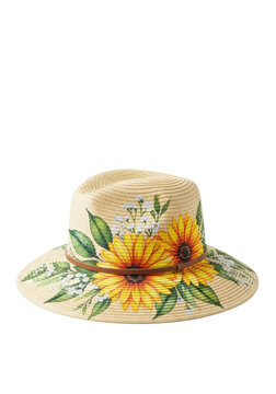 photorealistic light beige wide-brimmed straw hat adorned with watercolor sunflowers and green leaves, against a transparent background, showcasing detailed textures. concept of elegant summer