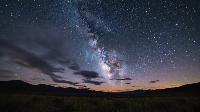Time-lapse of starry night sky with milky way galaxy and sunset over mountain landscape