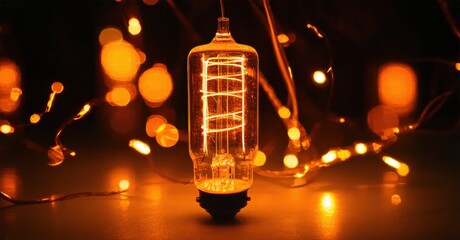 Vintage bulb glows warmly. Soft lights surround it, creating cozy ambiance. Dark background emphasizes illumination.