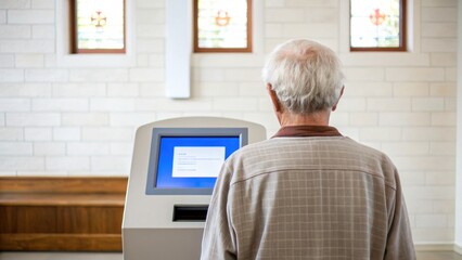 Elderly people in a cashless society Elderly man using a self-service kiosk in a bright, modern indoor setting with stained glass windows.