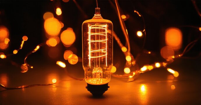 Vintage bulb glows warmly. Soft lights surround it, creating cozy ambiance. Dark background emphasizes illumination.