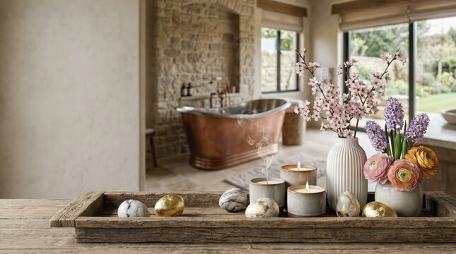 Elegant floral bath setting with easter decor and relaxing spa ambiance. Horizontal banner. Copy space. Free space for text. Happy Easter