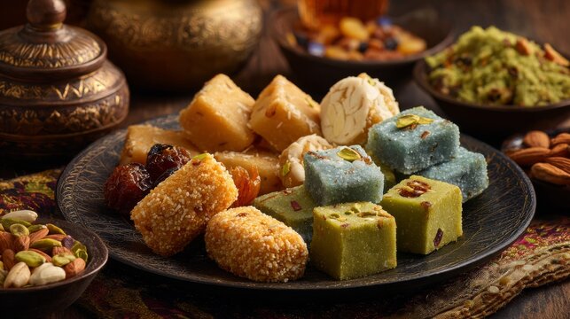 Traditional indian festive sweets and savory snacks arranged for eid mubarak celebration, colorful assortment of mithai and snacks on decorative table, cultural holiday food background for festive occ