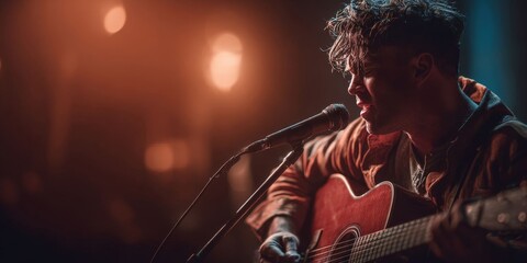 Obraz premium Singer-Songwriter Performing a Vibrant Ballad at Intimate Live Music Event