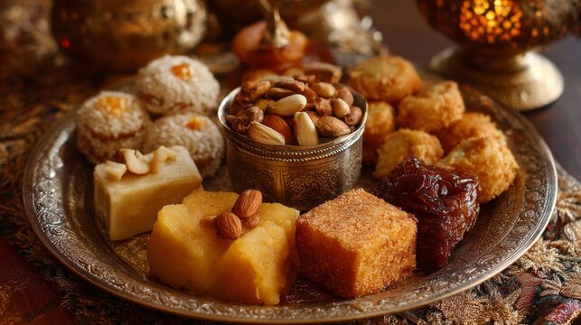 Traditional indian festive sweets and savory snacks arranged for eid mubarak celebration, colorful assortment of mithai and snacks on decorative table, cultural holiday food background for festive occ
