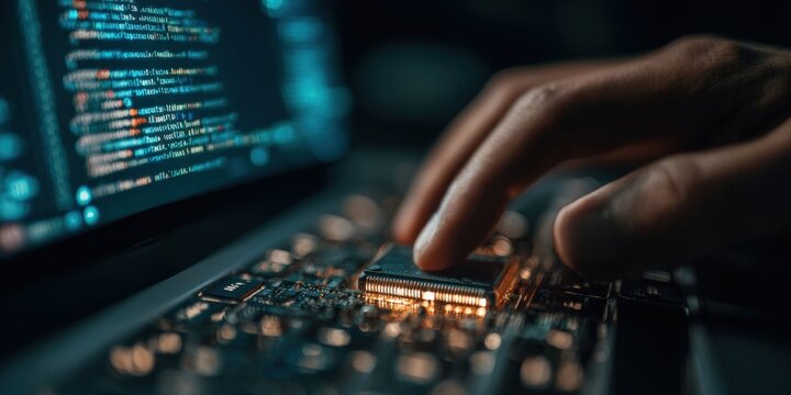 Software Developer Working on Laptop with JavaScript and IoT Circuit Board
