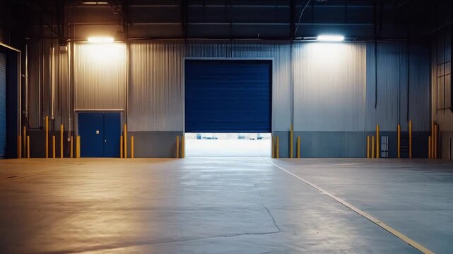 Empty industrial warehouse interior featuring a large blue roller door, concrete floor, corrugated metal walls, and overhead lighting creating a dynamic scene for logistics and storage concepts