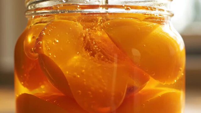 Sweet peach halves floating in syrup inside clear glass jar