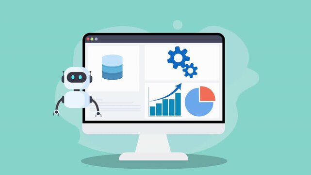 Flat vector animation of an AI dashboard on a desktop monitor with charts, database icon, and a friendly robot assistant, representing automation, data processing, and smart technology.