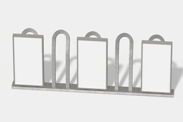 A 3D rendering of a metal display rack with five openings in varying shapes