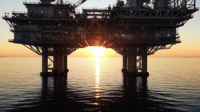 Offshore Oil Platform at Sunset Over Calm Sea with Industrial Energy Production Silhouette