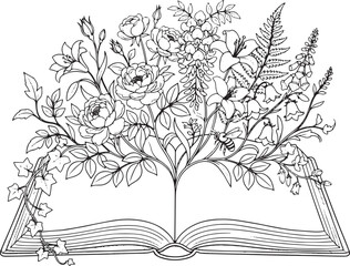 Detailed black and white illustration of an open book with blooming flowers and leaves, symbolizing knowledge and nature.