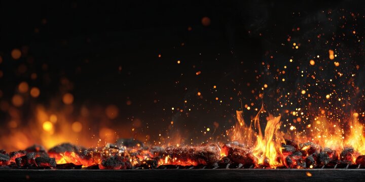 Glowing hot coals with rising flames and sparks in black background showing intense heat, burning embers, fire energy, combustion, fireplace texture, barbecue concept, glowing charcoal fire