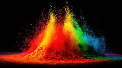 A vibrant explosion of colorful powders creating an abstract, dynamic display against a dark background, showcasing pure energetic art.