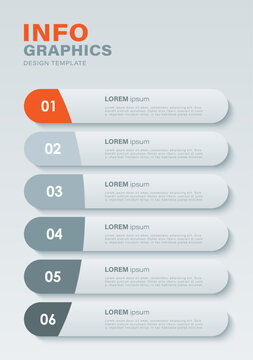 Vertical minimalistic infographic layout with bright orange accents. 6 steps processes template for data visualization