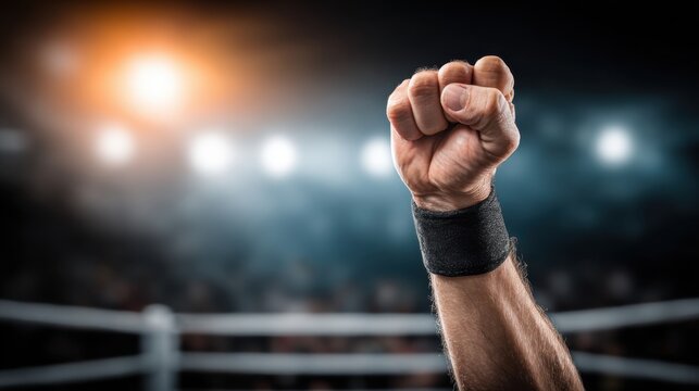 Olympic boxing referee raising fist signaling a victory decision in a brightly lit arena with crowd in background