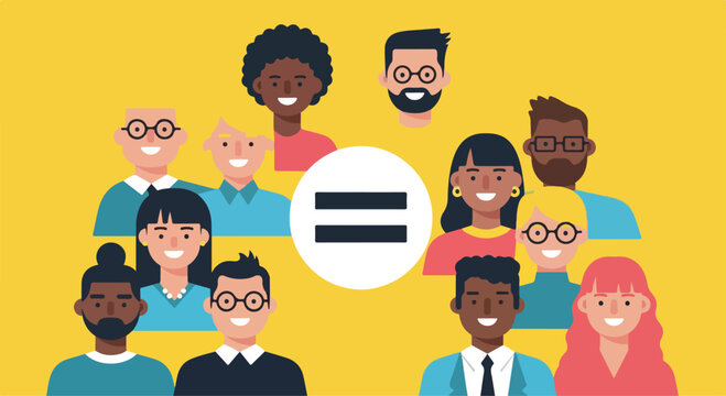 Diverse group of people with equal sign on yellow background promoting zero discrimination day and equality