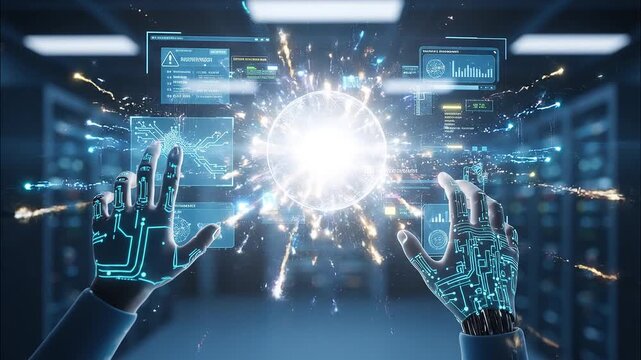 Bionic hands interact with a brilliant holographic interface in a futuristic data center, representing advanced AI, big data, cloud computing, and digital transformation. Ideal for themes of machine.
